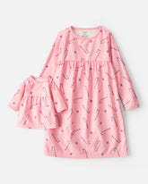 Girls 2-Piece Peppermints Long-Sleeve Loose Fit Night Gown & Matching Doll Gown - Pink