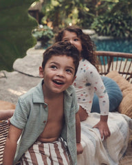Toddler Boy Recycled Swim Trunks in Brown Stripes