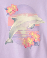 Girls Floral Dolphin Oversized Graphic Tee - Purple