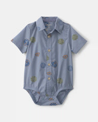 Baby Boy Patchwork Poplin Short-Sleeve Button-Down Bodysuit - Blue