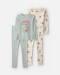 Girls 4-Piece Country Chicken 100% Cotton Snug Fit Pajama Set - Blue/Cream
