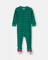 Toddler 1-Piece Striped Snowman 100% Cotton Snug Fit Footed Pajama - Green