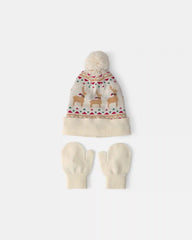 Toddler 2-Piece Fair Isle Christmas Beanie & Glove Set - Cream