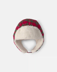 Toddler Boy Christmas Plaid Teddy Fleece Hat - Red