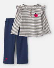 Toddler Girl 2-Piece Apple Striped Fleece Long-Sleeve Top & Pant Set - Navy Blue/Cream