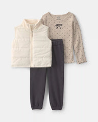 Toddler Girl 3-Piece Bow Polka Dots Fleece Long-Sleeve Layering Set - Brown/Cream