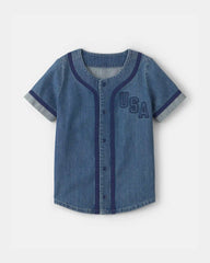 Boys 'USA' Denim Short-Sleeve Button-Down Shirt - Medium Wash