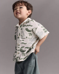 Toddler Boy Button-Down Short-Sleeve Shirt in Beach Print - Cream