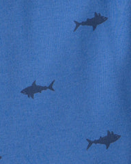 Boys Shark 100% Cotton Short-Sleeve Snug Fit 4-Piece Pajama Set - Blue