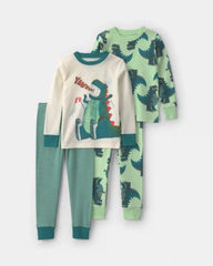 Toddler Boy 4-Piece 'Yawn!' Dino 100% Cotton Snug Fit Pajama Set - Green/Cream