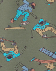 Boys Skateboard Cotton Short-Sleeve Snug Fit 4-Piece Pajama Set - Green/Brown