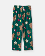 Kids Christmas Gingerbread Fleece Loose Fit Pajama Bottoms - Green