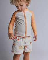 Toddler Boy Swim Trunks in Sandcastle Print - Cream