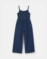 Girls Smocked Denim Wide-Leg Jumpsuit - Dark Wash