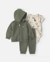 Baby Boy 3-Piece Dinosaur Quilted French Terry Layering Set - Olive Green