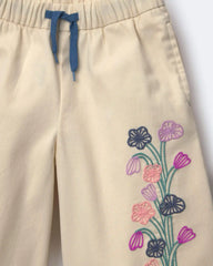 Toddler Girl Embroidered Wide-Leg Pants with Flowers - Cream