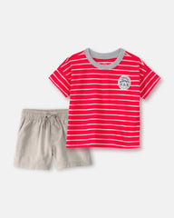 Baby Boy 2-Piece Striped T-Shirt & Shorts Set - Red/Khaki