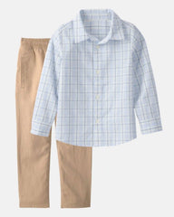 Boys 2-Piece Button-Down Shirt & Pant Set - Blue/Brown