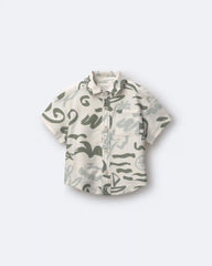 Toddler Boy Button-Down Short-Sleeve Shirt in Beach Print - Cream