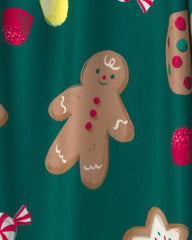 Kids Christmas Gingerbread Fleece Loose Fit Pajama Bottoms - Green