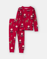 Baby 2-Piece Beige Santa Christmas 100% Cotton Snug Fit Pajama Set - Red