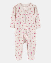 Baby Girl Floral 2-Way Zip Waffle Knit Sleep & Play Pajamas - Khaki