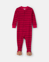 Baby 1-Piece Striped Reindeer 2-Way Zip 100% Cotton Snug Fit Footed Pajama - Red