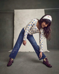 Girls Floral Denim Wide-Leg Jeans - Dark Wash