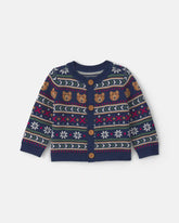 Baby Neutral Bear Fair Isle Cardigan Sweater - Navy Blue