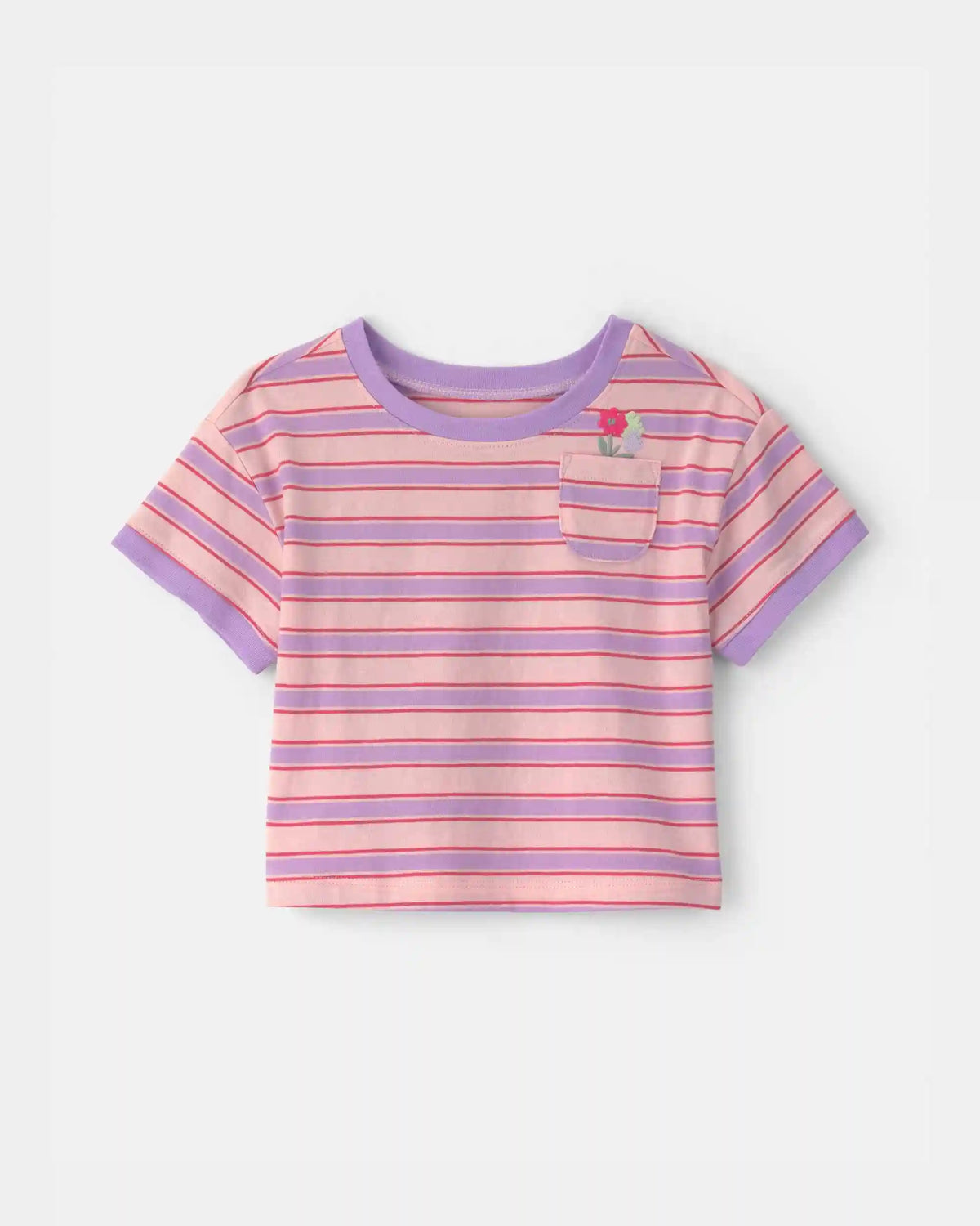 Baby Girl Flower Striped Short-Sleeve Top - Pink/Purple