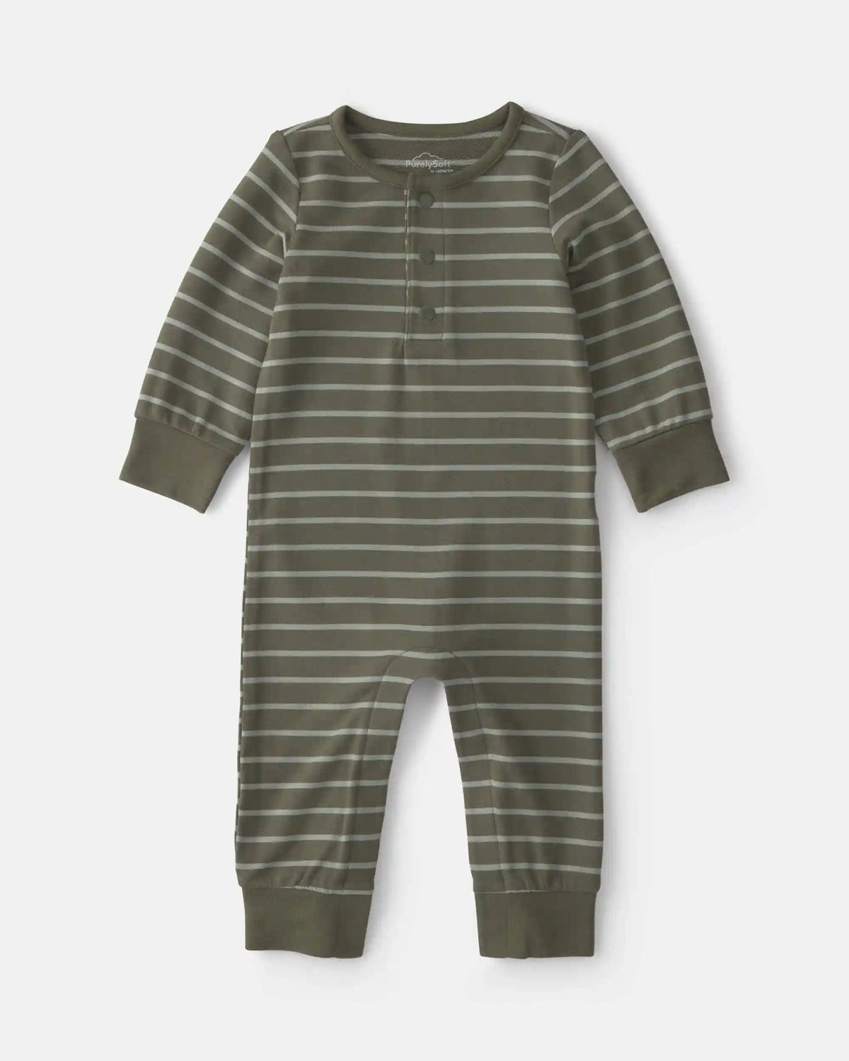 Baby Boy Striped PurelySoft™ Long-Sleeve Jumpsuit - Olive Green