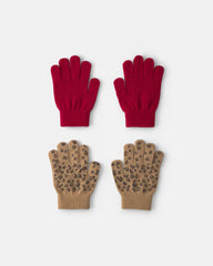 Girls 2-Pack Leopard Winter Gloves - Red/Brown