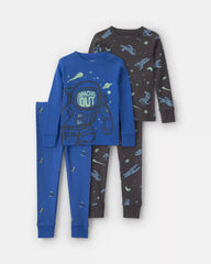 Toddler Boy 4-Piece Astronaut Glow in the Dark 100% Cotton Snug Fit Pajama Set - Blue
