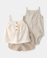Baby Girl 3-Piece Cheetah Top, Bodysuit & Short Set - Khaki/Ivory