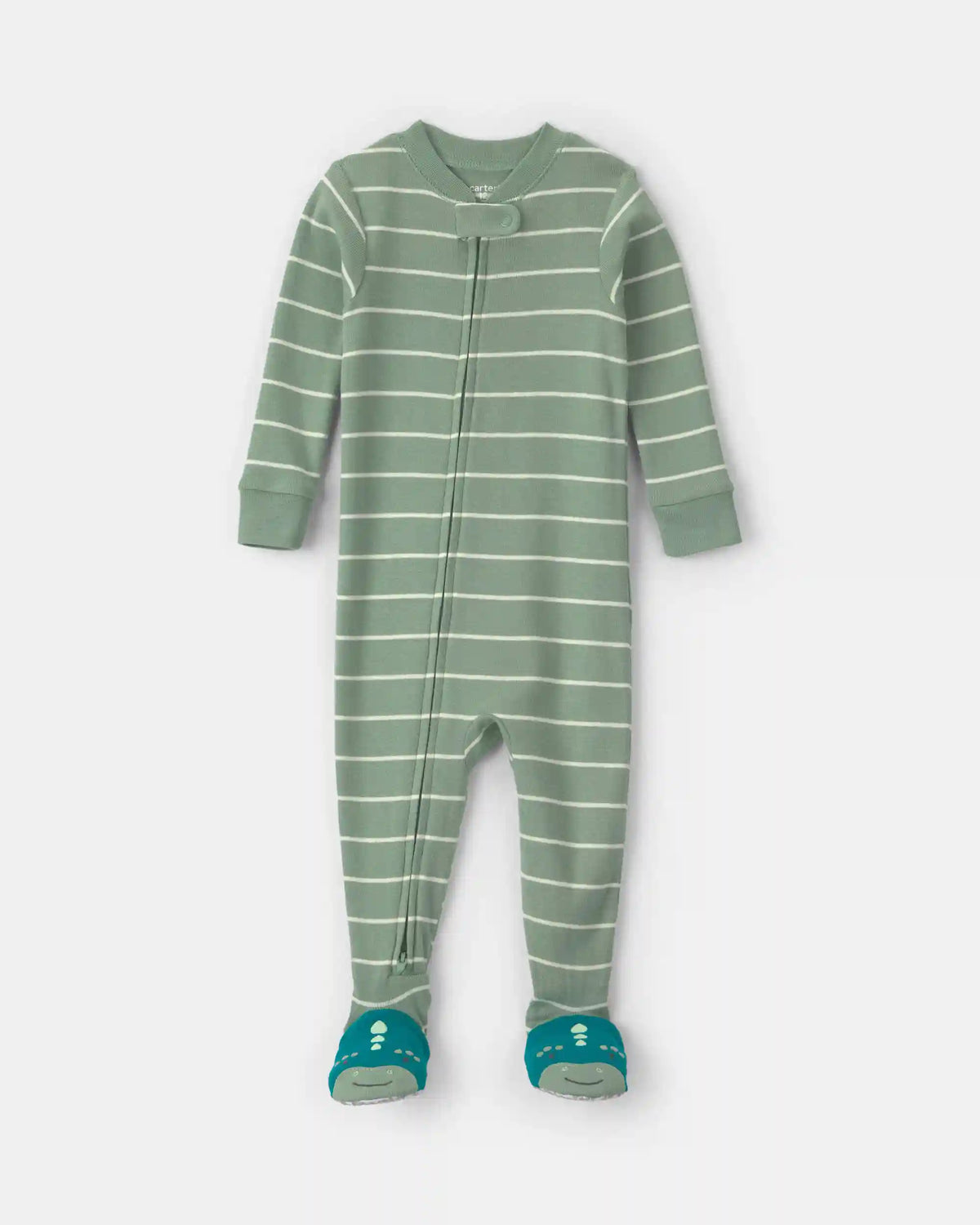Baby Boy 1-Piece Dino Striped 2-Way Zip 100% Cotton Snug Fit Footed Pajama - Green