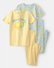 Girls Lemon 100% Cotton Snug Fit 4-Piece Pajama Set - Blue/Yellow