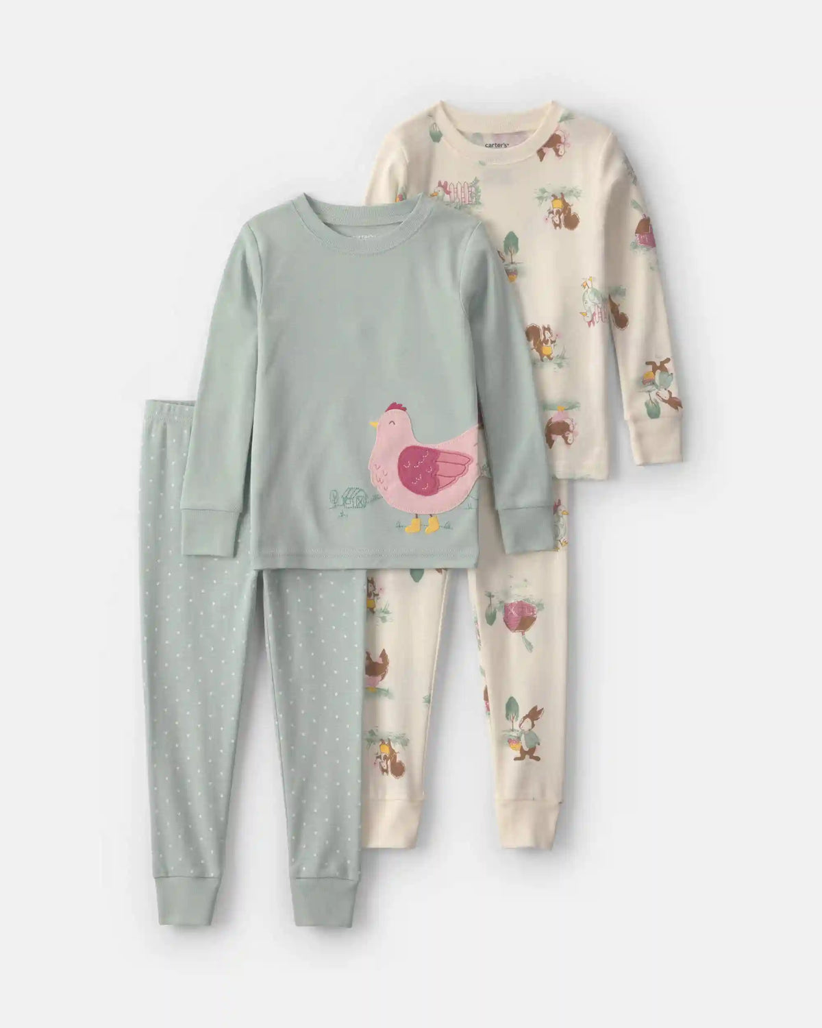 Toddler Girl 4-Piece Country Chicken 100% Cotton Snug Fit Pajama Set - Green/Cream