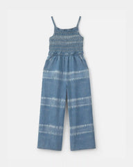 Girls Tie-Dye Smocked Denim Wide-Leg Jumpsuit - Medium Wash