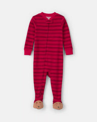 Toddler 1-Piece Striped Reindeer 100% Cotton Snug Fit Footed Pajama - Red