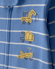 Toddler Boy Construction Striped 100% Cotton Snug Fit 1-Piece Pajama - Blue