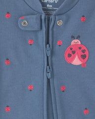 Baby Girl Ladybug 100% Cotton 2-Way Zip Sleep & Play Pajamas - Blue