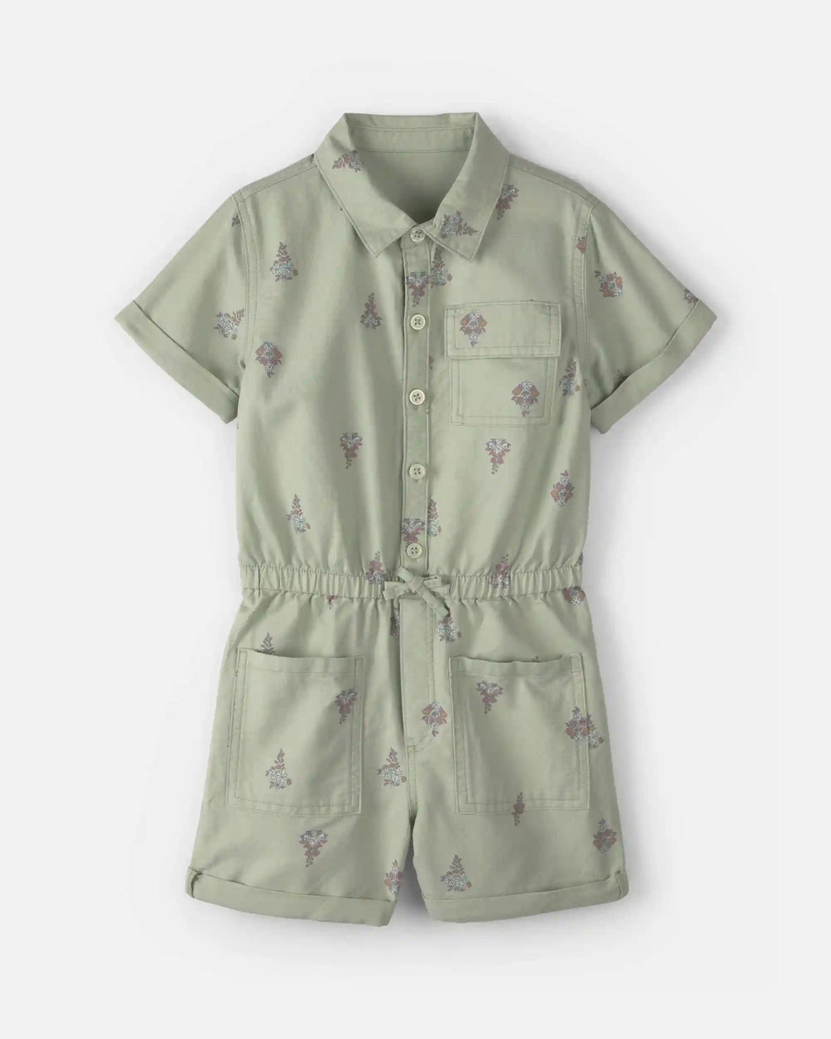 Girls Floral Cargo Romper - Green
