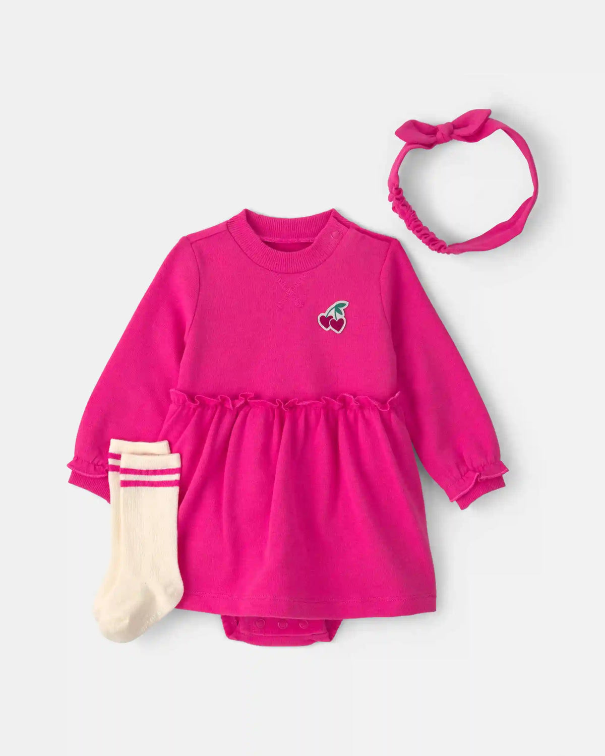 Baby Girl 3-Piece Cherry French Terry Long-Sleeve Dress Set - Pink