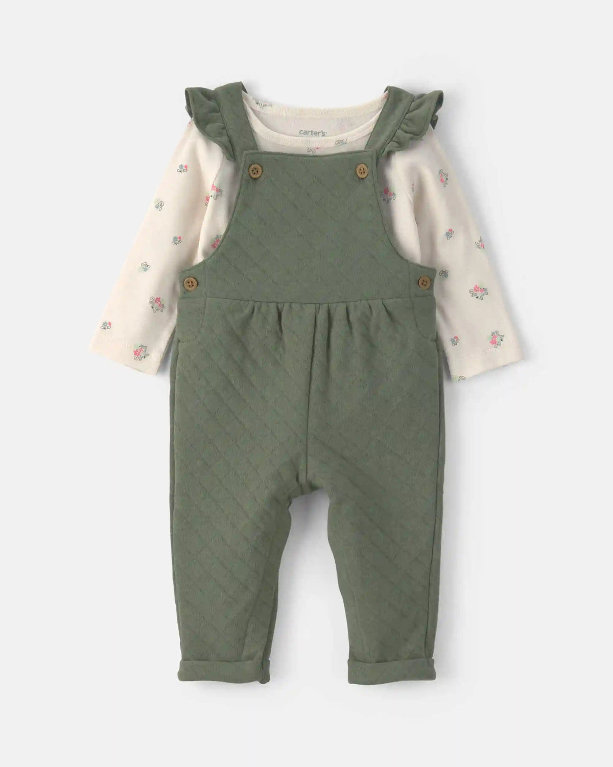 Baby Girl 2-Piece Quilted Overall Set - Olive Green