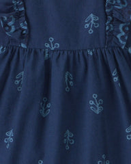 Baby Girl Floral Ruffle-Sleeve Dress - Navy