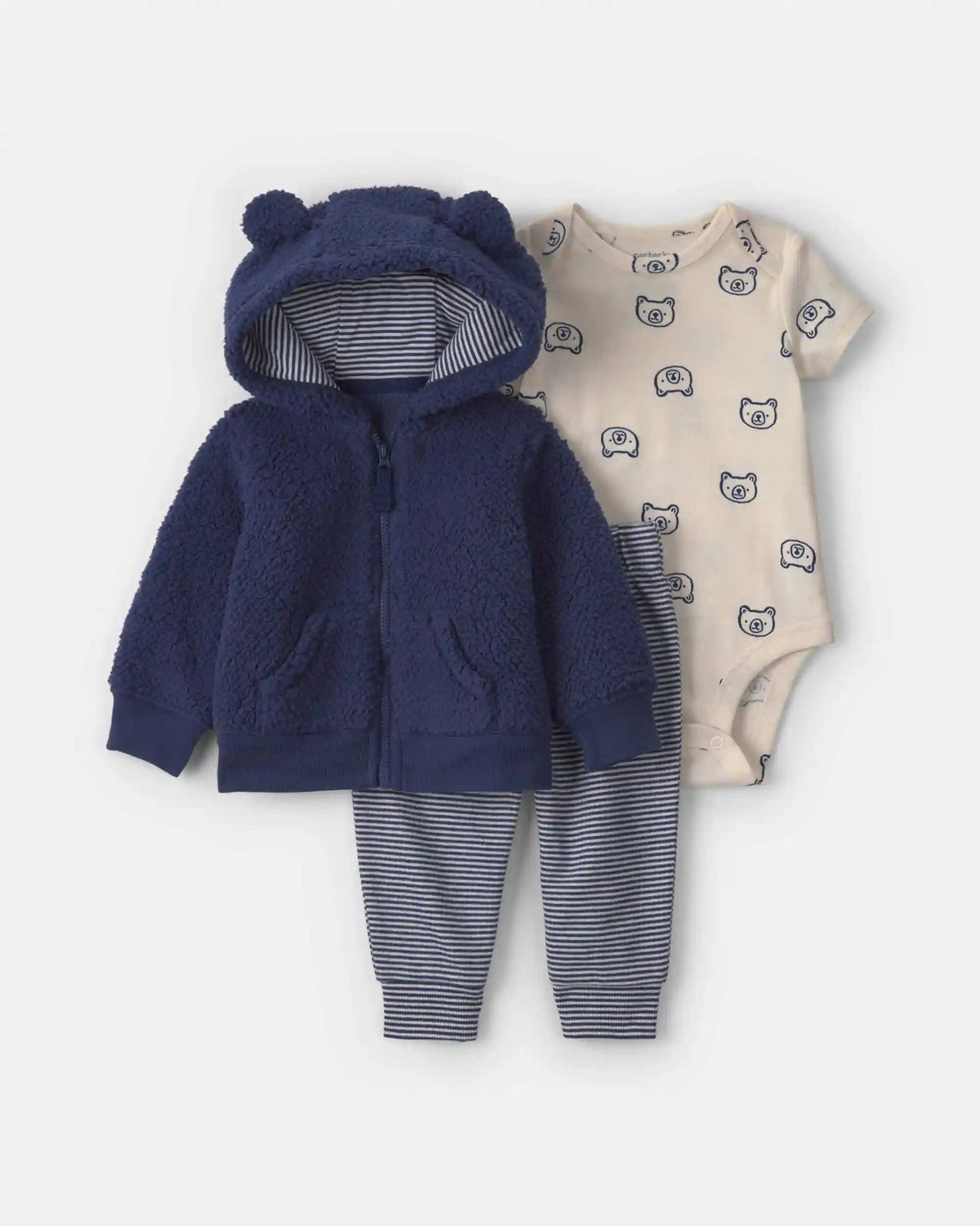Baby Boy 3-Piece Bear Teddy Fleece Layering Set - Navy Blue/Cream