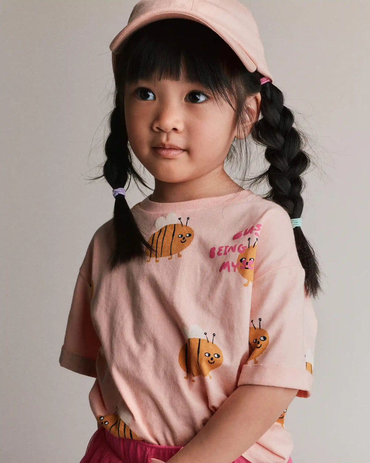Toddler Girl Rolled Cuff Tee in Bee Print - Light Pink