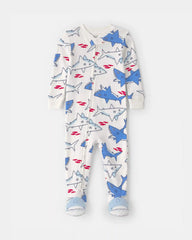 Toddler Boy Shark 100% Cotton Snug Fit 1-Piece Footie Pajama - Ivory