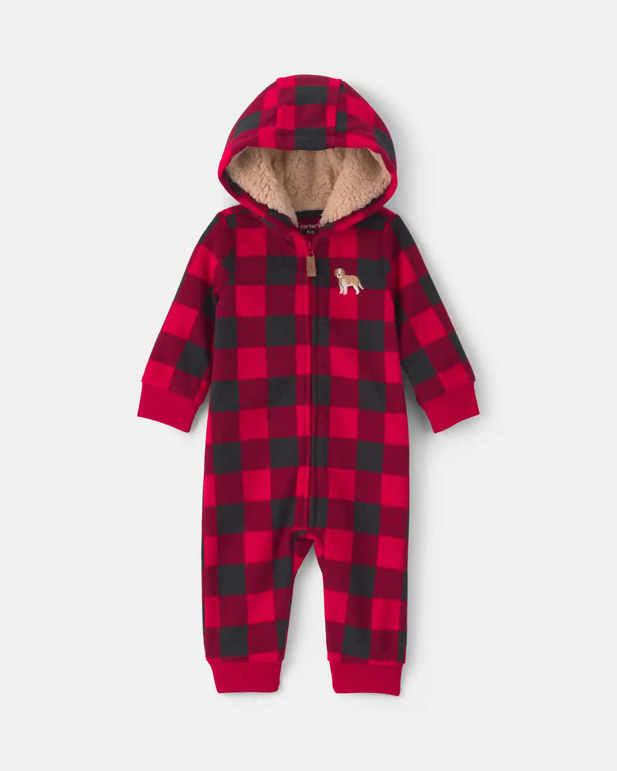 Baby Boy Buffalo Check Fleece Long-Sleeve Jumpsuit - Red/Black