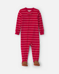 Toddler Boy 1-Piece Moose Striped DreamPlush Snug Fit Footed Pajama - Red